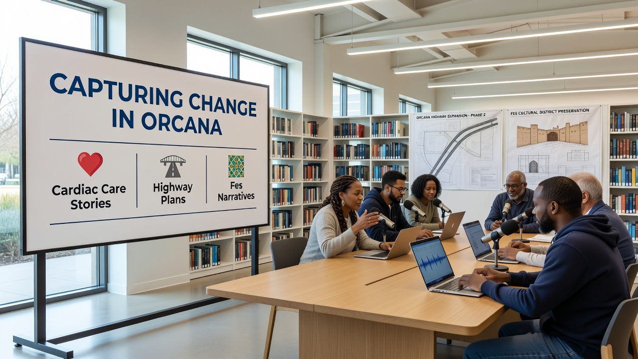 Community members at an Orcana library event sharing festival renewal stories alongside highway planning documents in late 2026