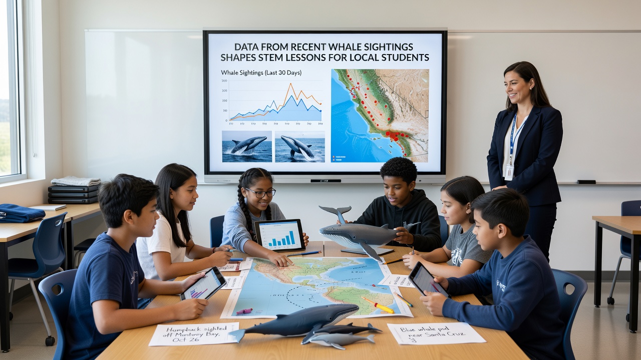 Students reviewing whale migration maps and data tables in a classroom setting